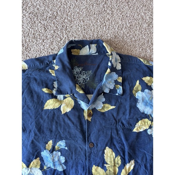Tommy Bahama Mens XXL 100% SILK Button Up Tropical Floral Hawaiian Shirt Blue - Picture 2 of 5
